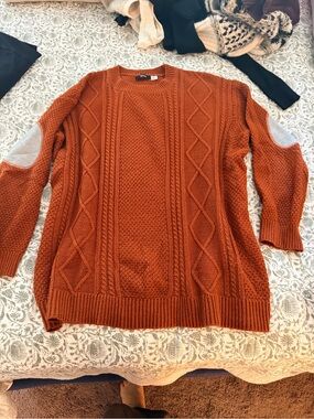 BDG Rust Cable Knit Crewneck Sweater with Light Gray Elbow Patches